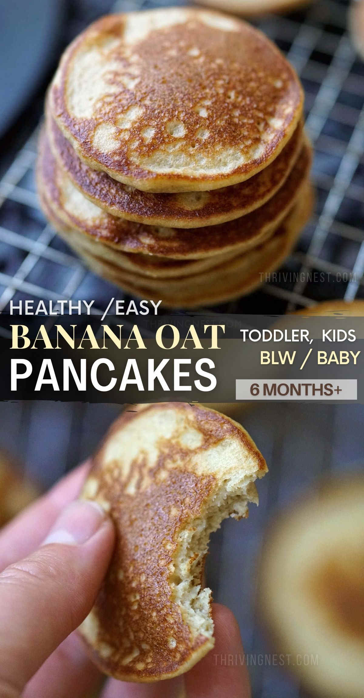 Soft banana oat pancakes perfect for your little ones. The oat banana pancakes have a light and tender texture which is suitable for babies starting baby led weaning (6 months+), also toddlers and older kids. It’s so simple and quick – make the batter for these oatmeal banana pancakes the night before and cook in the morning. #banana #pancakes #oat #oatmeal #baby #toddler #blw