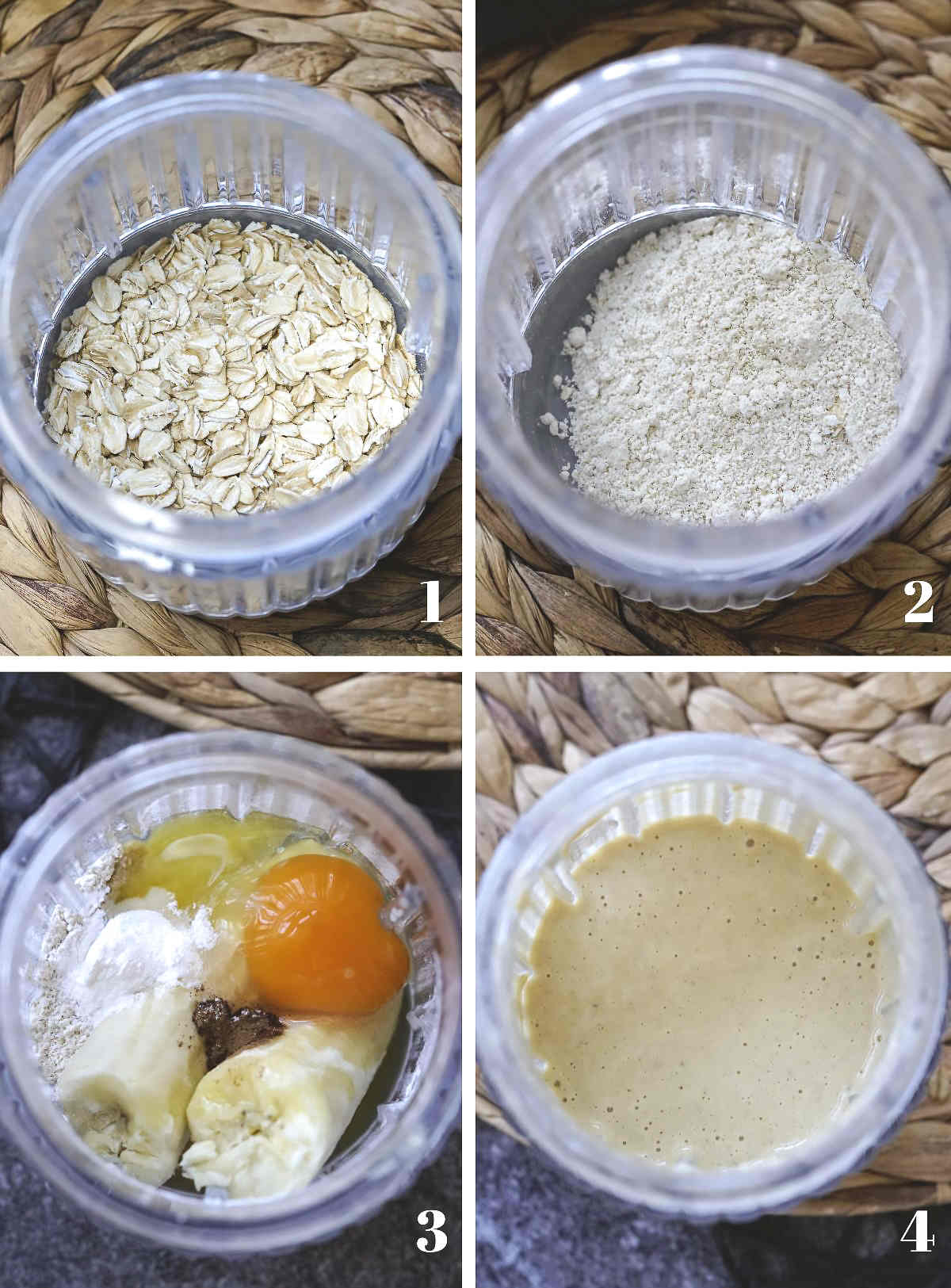 Process shots showing how to make banana oat pancakes for baby, toddler.