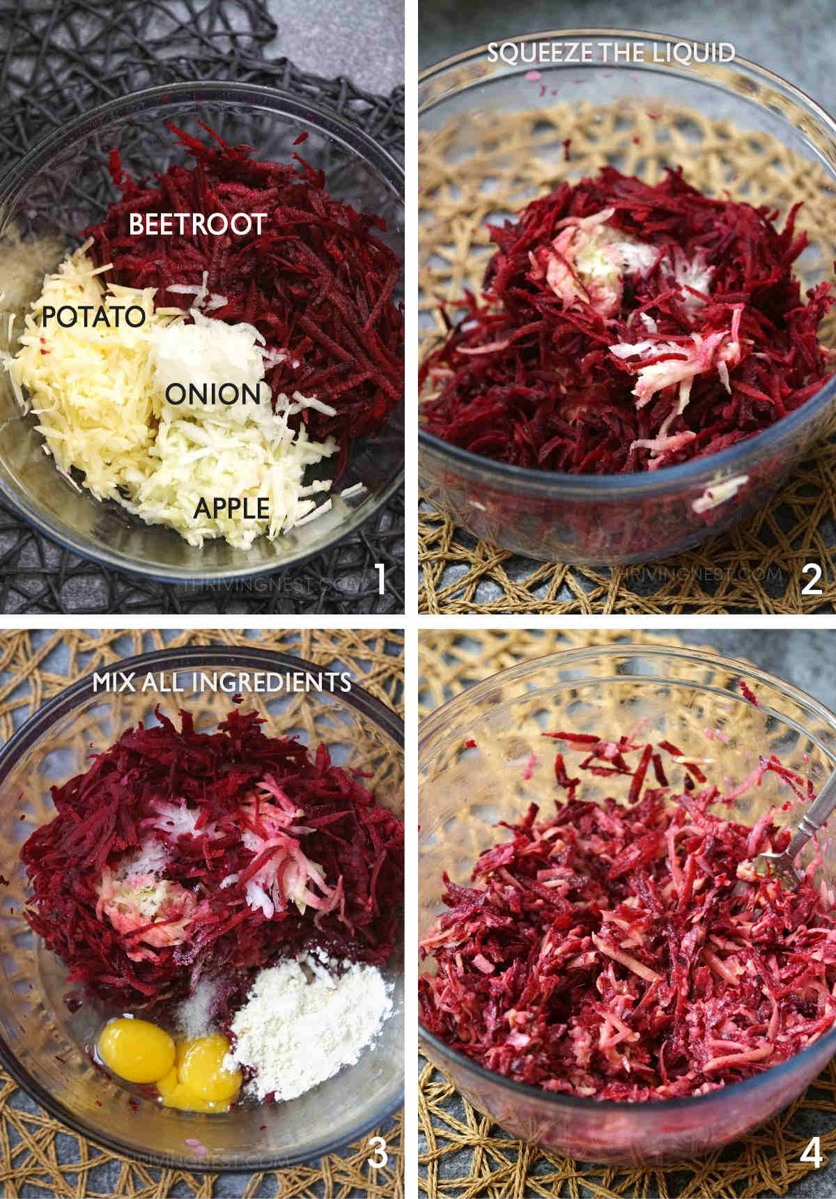 Process shots showing the ingredients and how to combine the beetroot, potato, apple, egg and flour to make beet fritters.