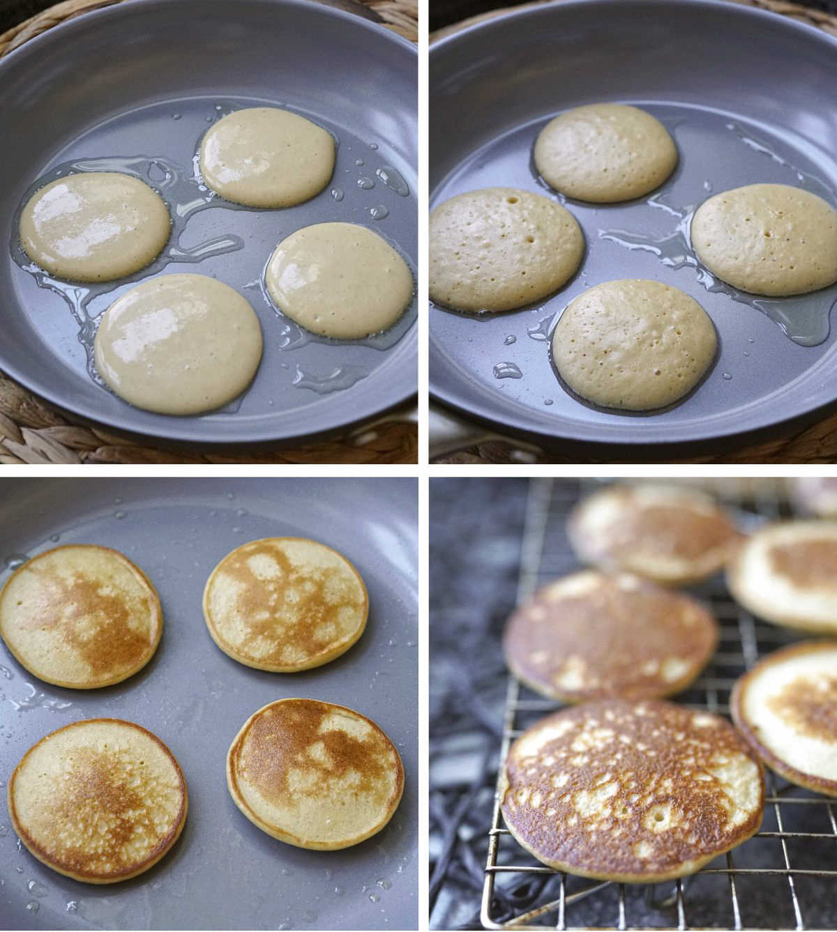 Process shots showing how to cook the banana oat pancakes in a non-stick ceramic skillet.
