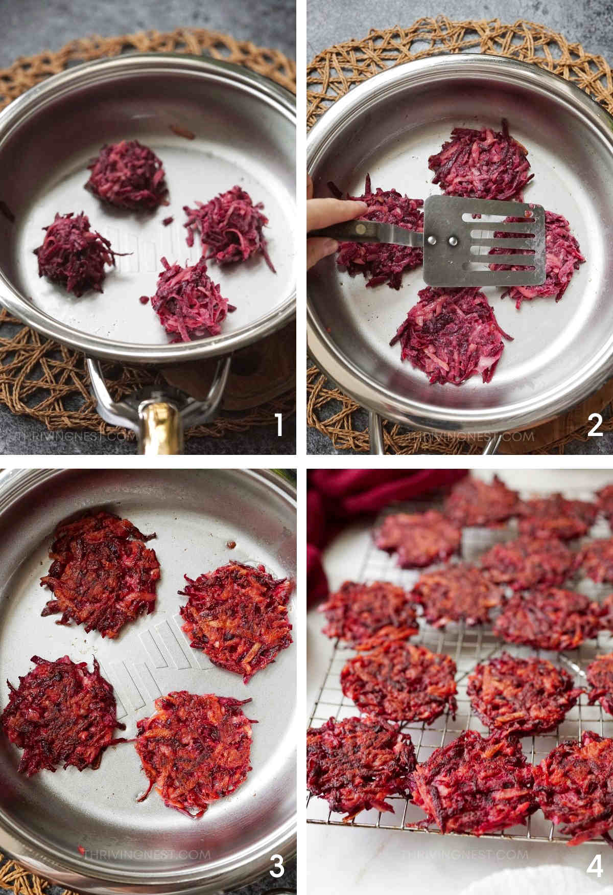 Process shots showing how to fry beetroot patties and cool after cooking on rack.