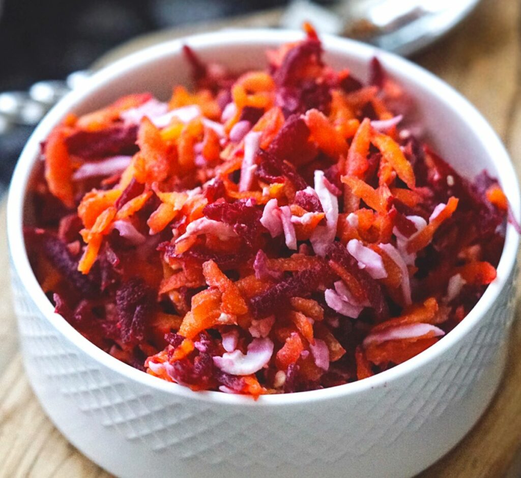 baby kid friendly carrot salad with beet and egg