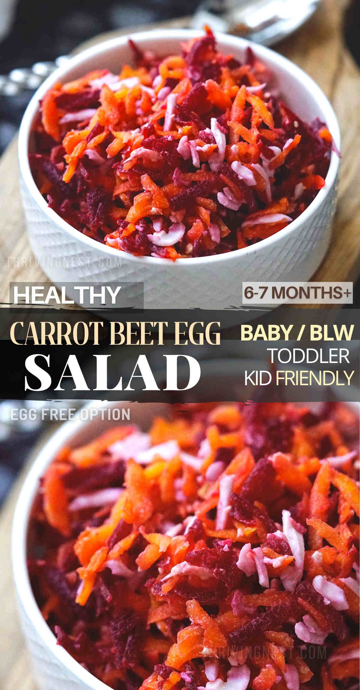 This salad recipe features soft cooked carrots and beets adding boiled eggs as the protein, then grated and lightly seasoned. This veggie salad is great for toddlers, baby led weaning (6-7 months and up) and kid friendly - as a meal or side dish. #babysalad #toddlersalad #kidsalad #veggiesalad #recipes #blw #kidfriendly