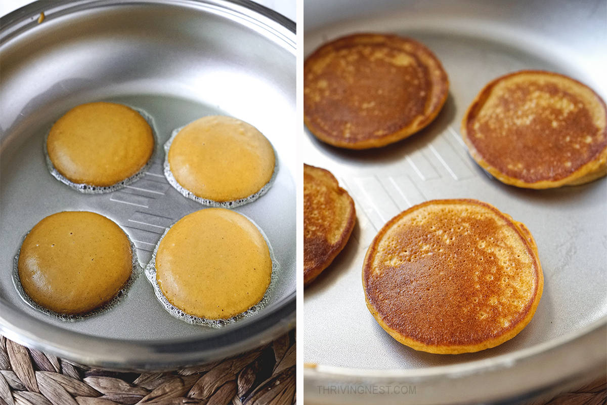 Process shots showing how to cook the pumpkin pancakes for babies in a skillet.