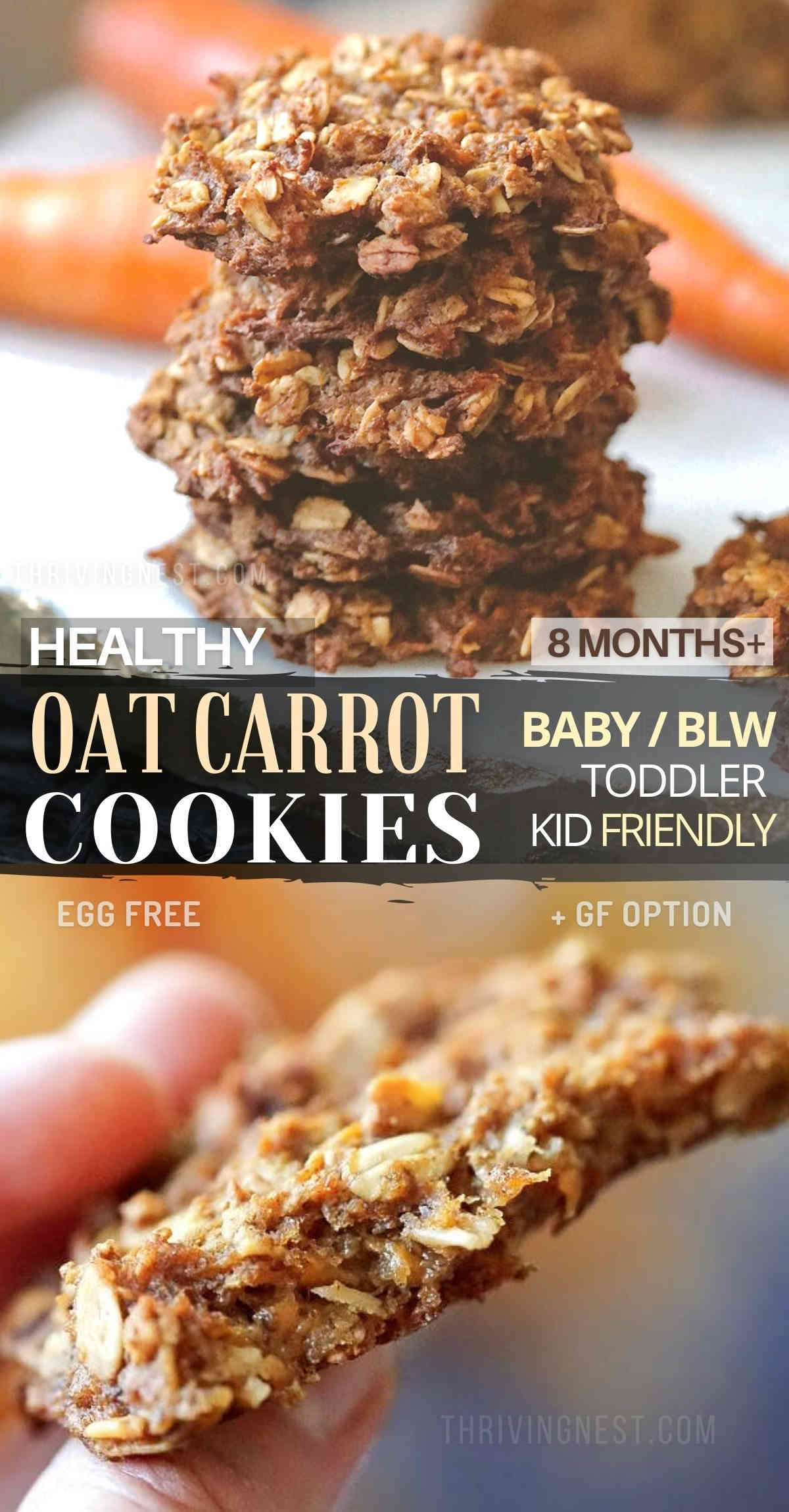 Healthy oat carrot cookies for baby (8 months+) toddler, baby led weaning and kid friendly. This baby cookie recipe is easy, healthy, egg free, dairy free and can be also gluten free. The baby oat cookies are naturally sweetened with grated carrots and applesauce and yields a soft chewy texture. So if you're looking for healthy oatmeal cookies for baby, these are just great! #oatmealcookies #babycookies #toddlercookies #oatcookies #carrotcookies #applesaucecookies #healthycookies #babyrecipe #blw