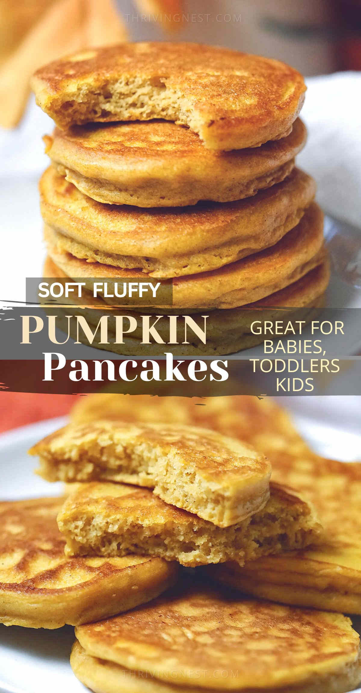 Pumpkin pancakes – fluffy soft healthy pumpkin pancakes great for baby (blw), toddler, older kids and entire family. These pumpkin pancakes are made with pumpkin puree, naturally dairy free and can be easily customized to be gluten free. Serve for breakfast or as a snack, great for lunchbox too. #pumpkin #pancakes #baby #blw #kids #breakfast #toddler