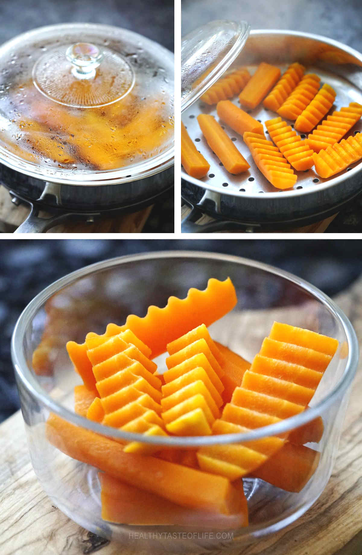 Steamed carrots sticks for baby led weaning cut with a crinkle cutter