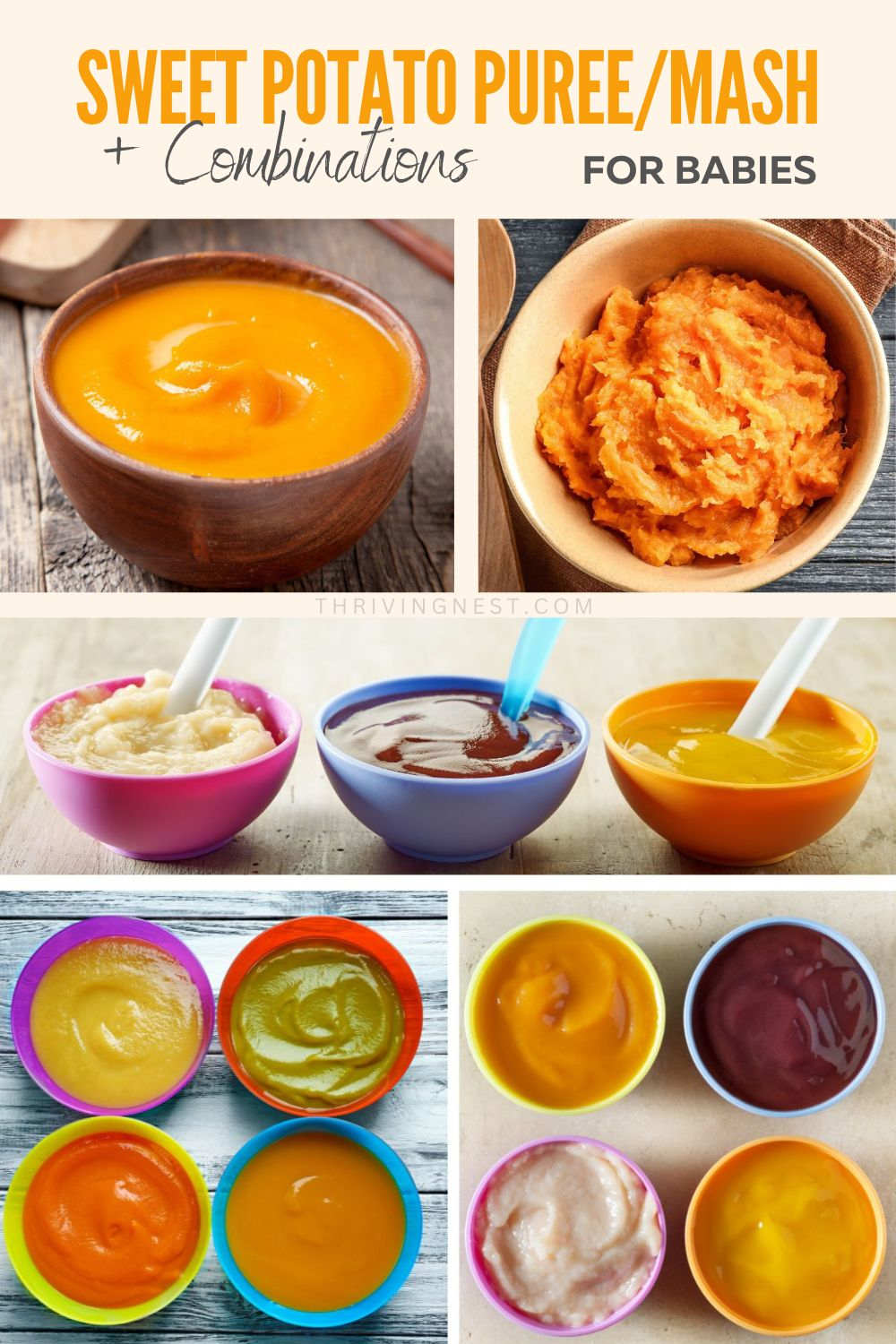 Sweet potato puree / mash for baby (6 months and up) + combinations baby food ideas for stage 1 and stage 2. #sweetpotato #puree #baby #stage1