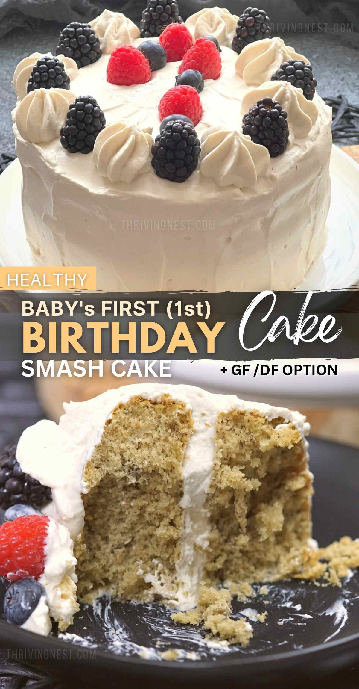 This simple easy first birthday cake recipe for your one year old features a soft airy vanilla sponge frosted with silky smooth cream, naturally sweetened with fruit. This healthy baby smash cake is super easy to make and requires no baking powder or artificial colors, it's refined sugar free and perfect for both boys and girls for their 1st birthday. Celebrate your baby's first birthday with this healthy, soft 1st smash cake! #babycake #first #birthday #cake #samshcake #baby #healthy 