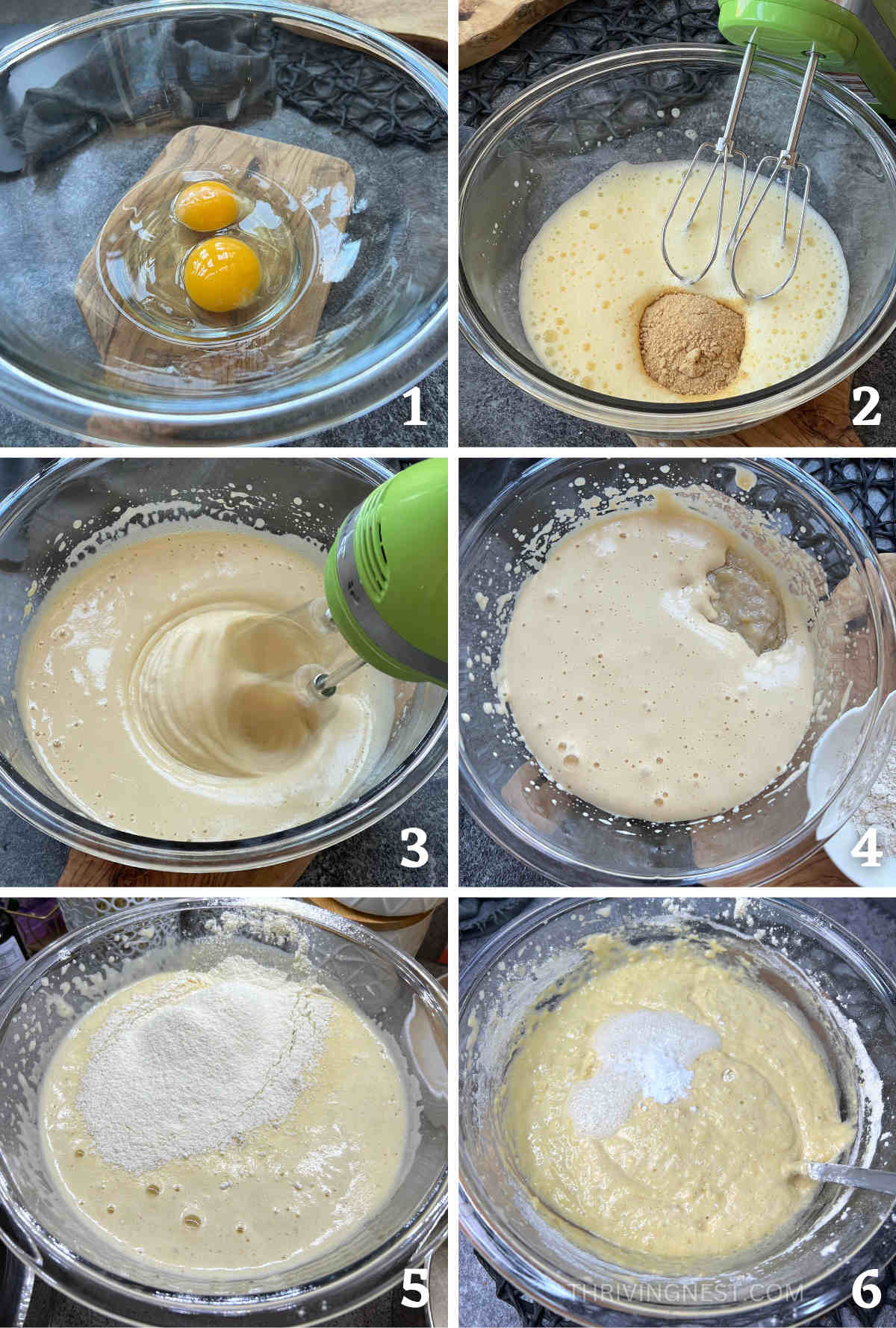 Process shots showing how to make the batter for the first birthday cake: mixing the eggs