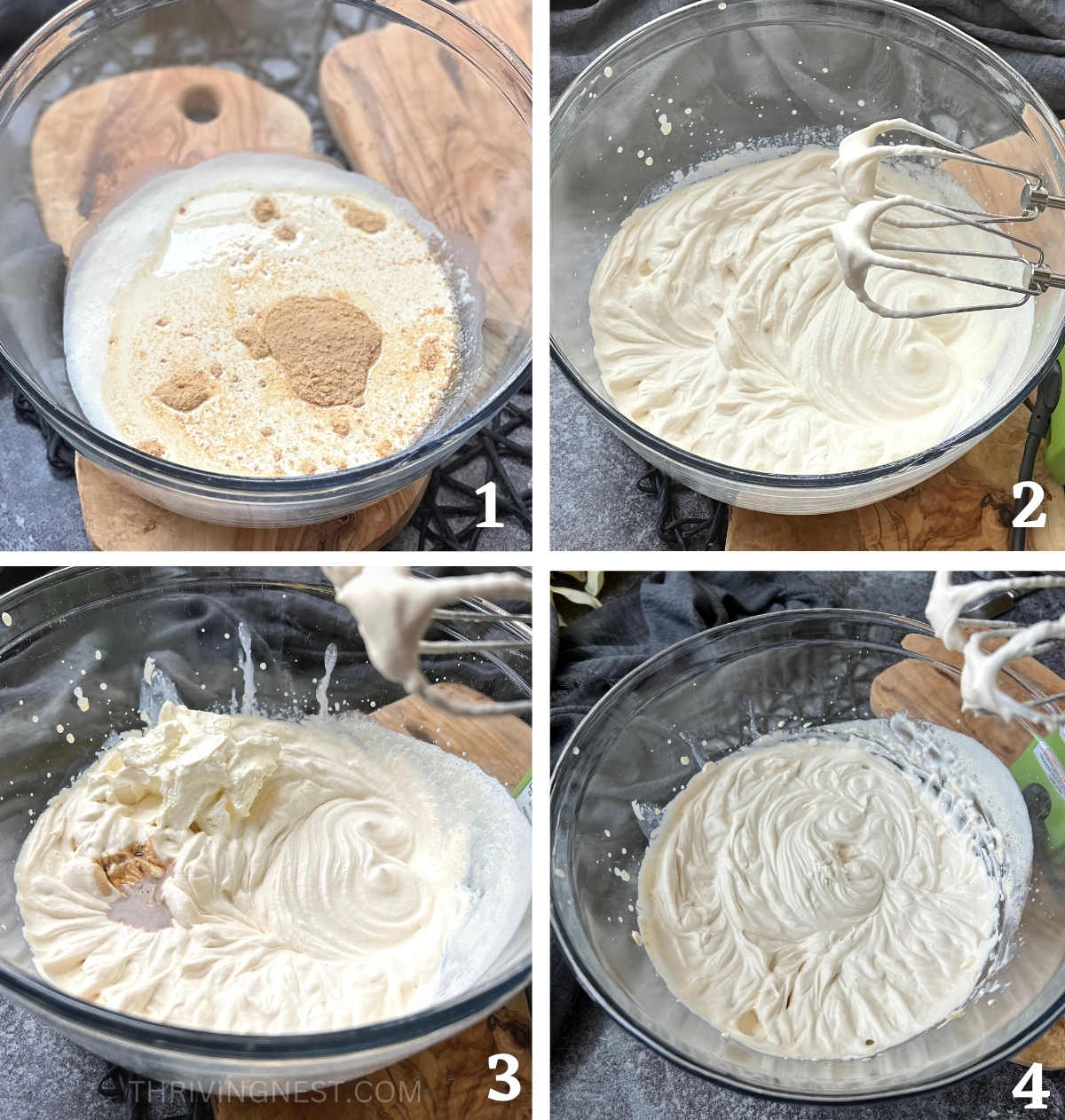Process shots showing how to make the frosting for the first smash cake for baby by mixing heavy cream and sour cream with a hand mixer in a large bowl.