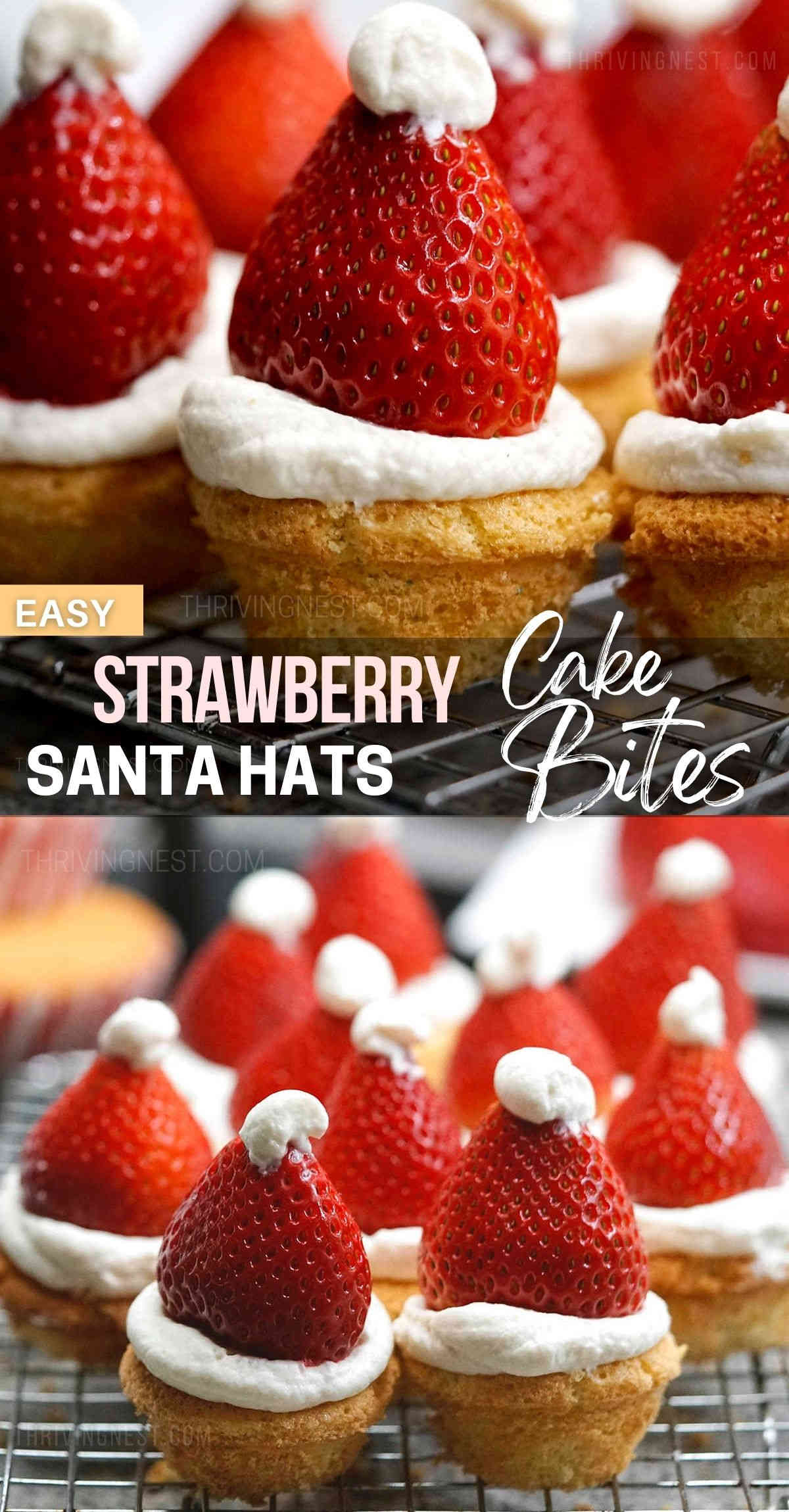 These cute mini strawberry Santa hats have a light and airy spongy cake base (bite size) covered by whipped cream and finished with fresh strawberries. Making this strawberry Santa hat dessert recipe is such a fun Christmas treat. The kids and little toddlers will just love to participate. #christmas #dessert #santahats #recipe #strawberry #whippedcream