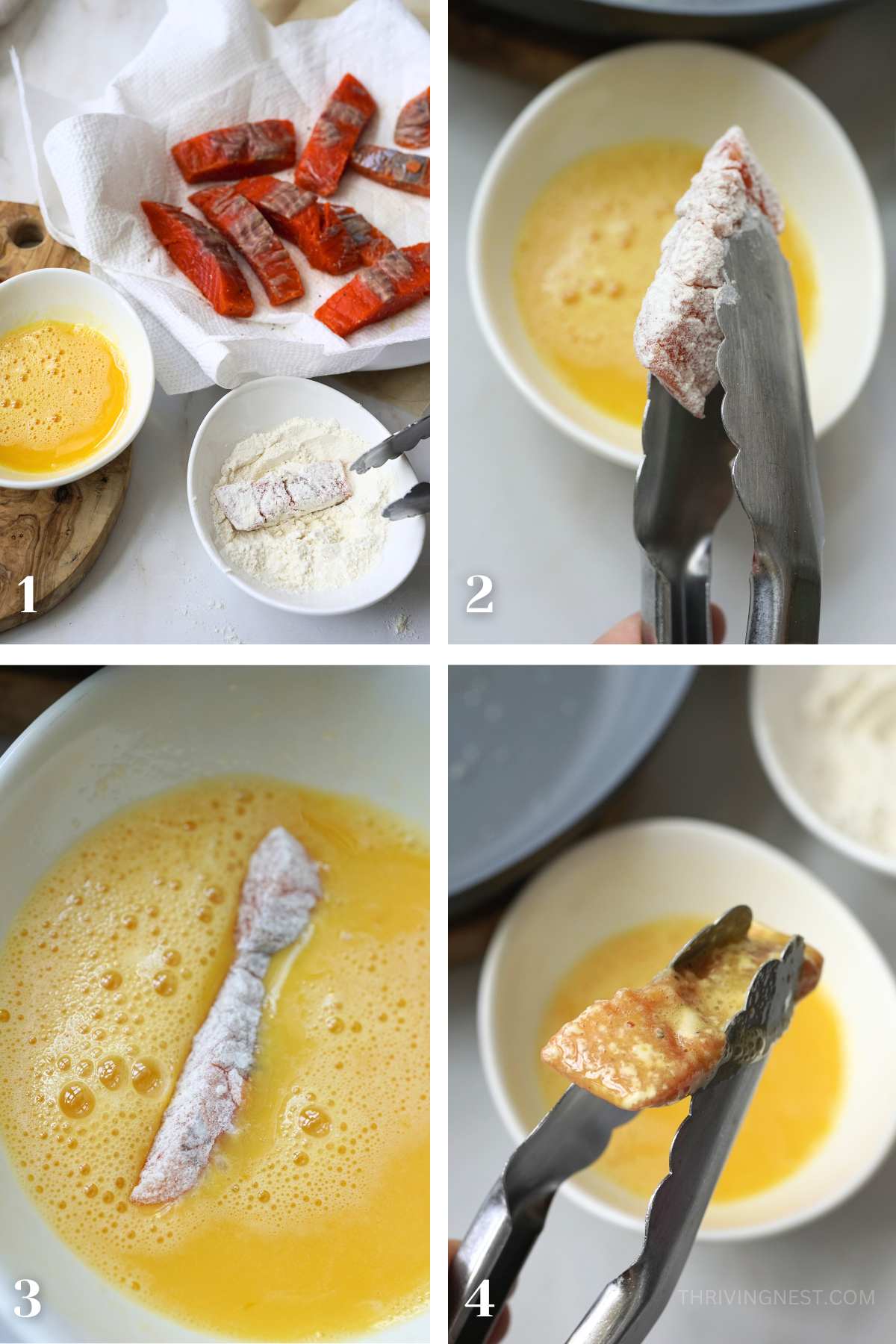 Process shots showing how to dredge salmon cuts in flour and egg before cooking.