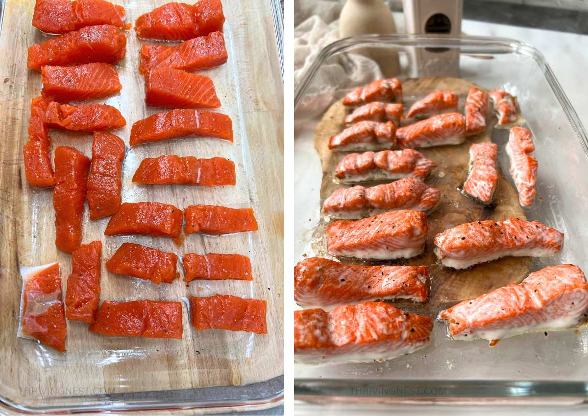 Image showing how to cut and bake salmon for baby led weaning.
