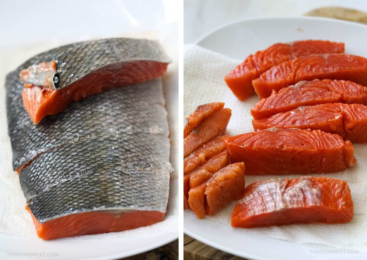 Process shots showing how to cut the salmon fillet into strips and how to remove the skin.