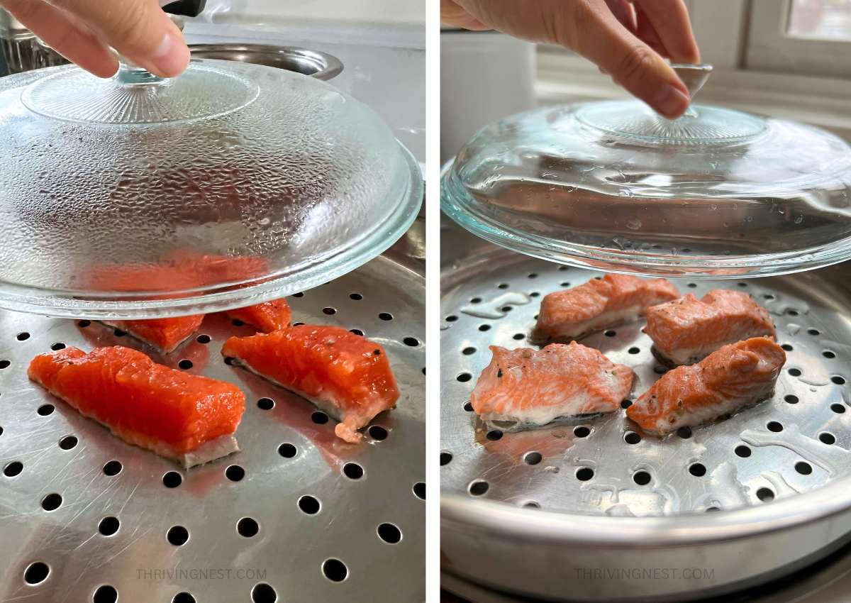 Image showing how to steam salmon for baby led weaning.