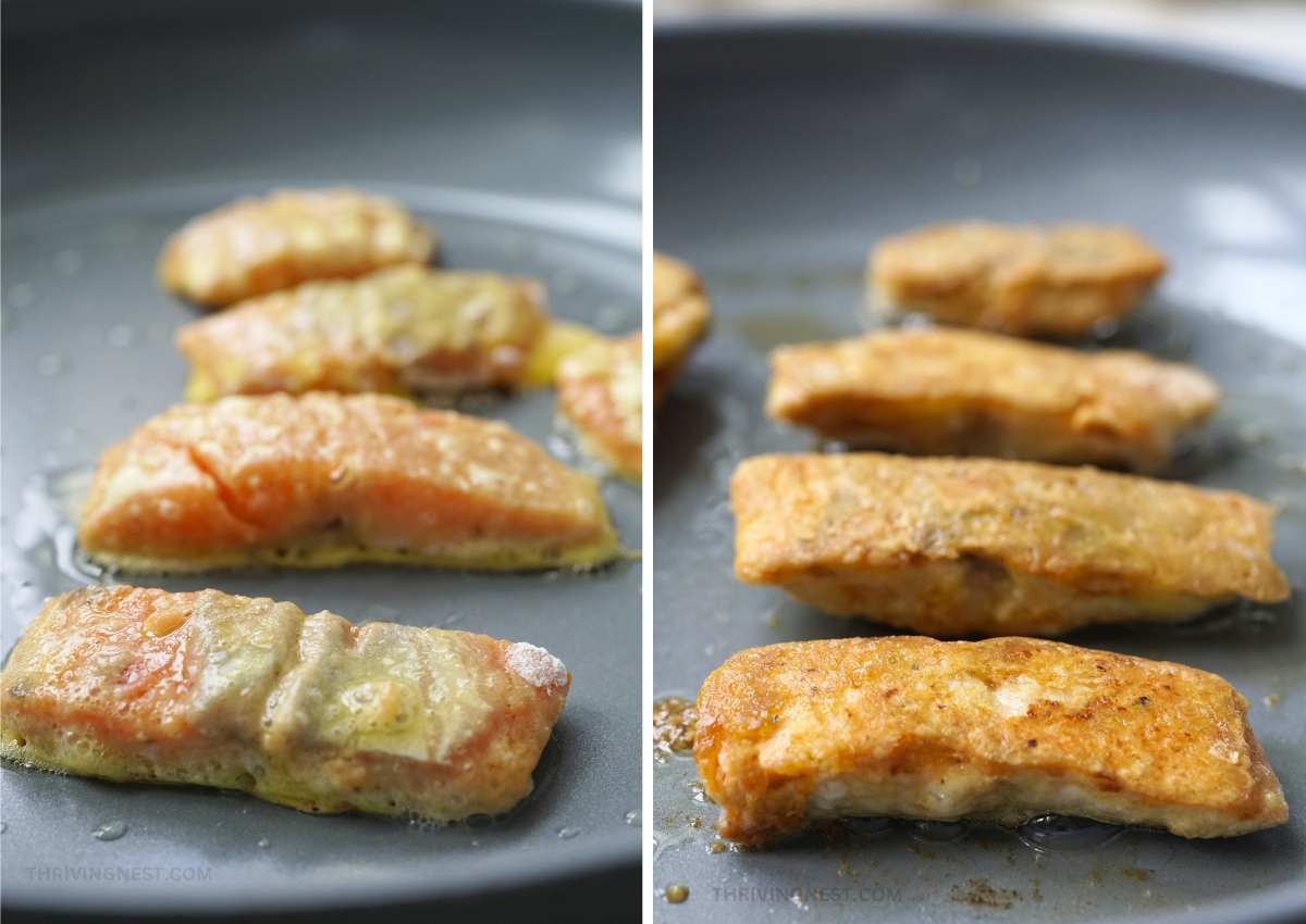 Process shots showing the results: how the salmon cutlets look before and after frying.