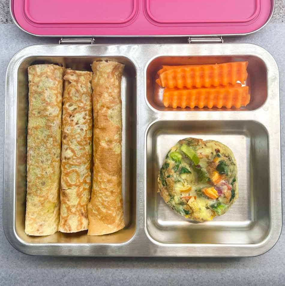 crepe rolls frittata and carrot sticks healthy lunchbox for kids preschool kindergarten school