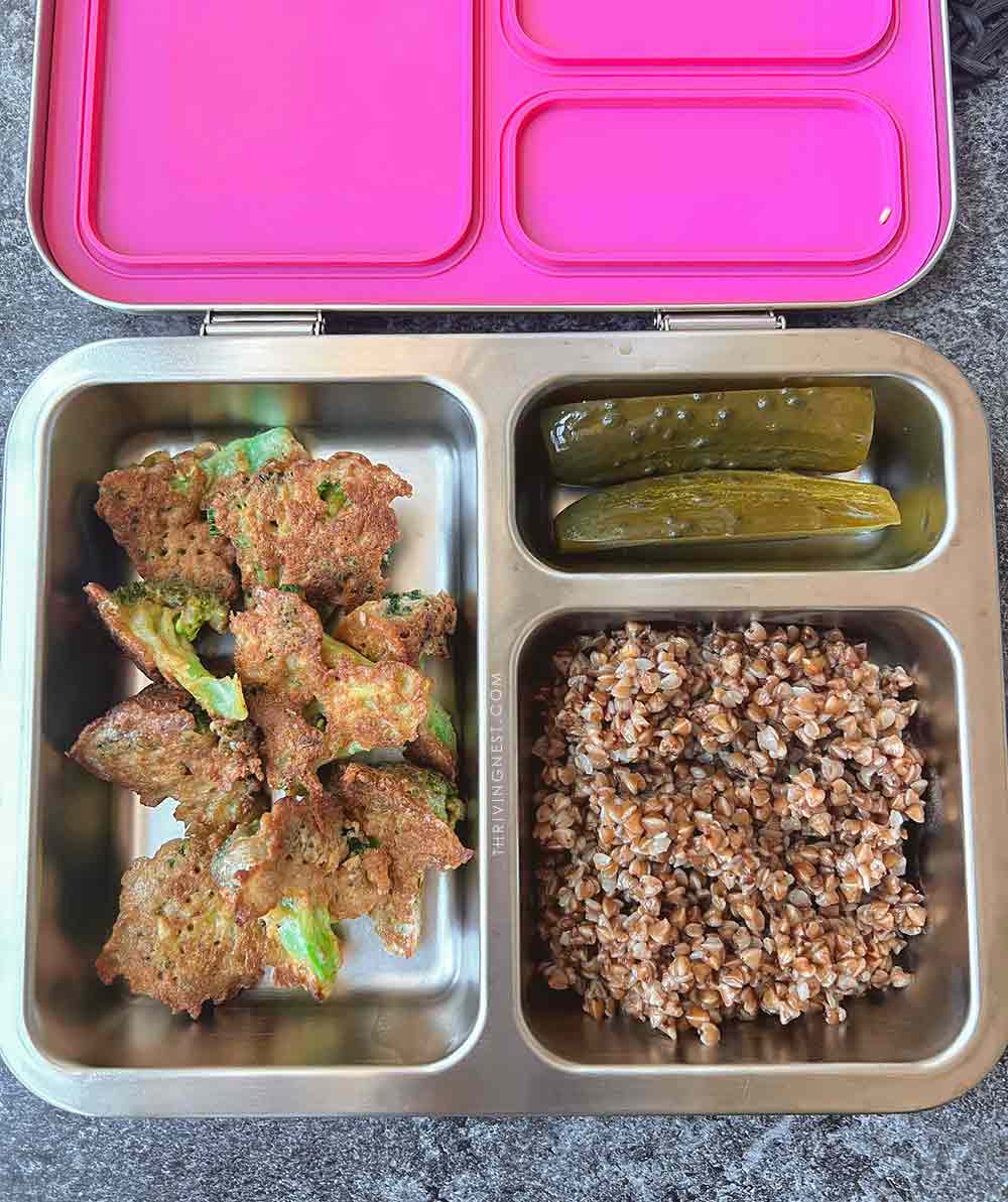 fried broccoli with buckwheat and pickles lunchbox packed