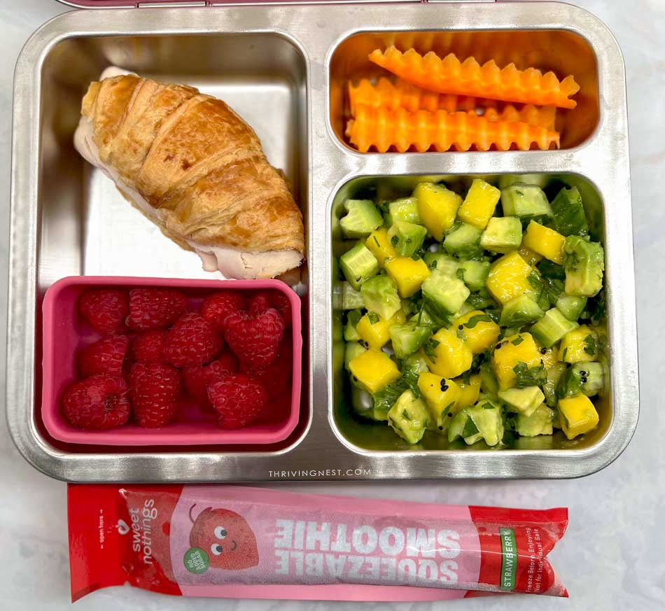 croisant, salad, fruit and smoothie kids lunch box idea bento