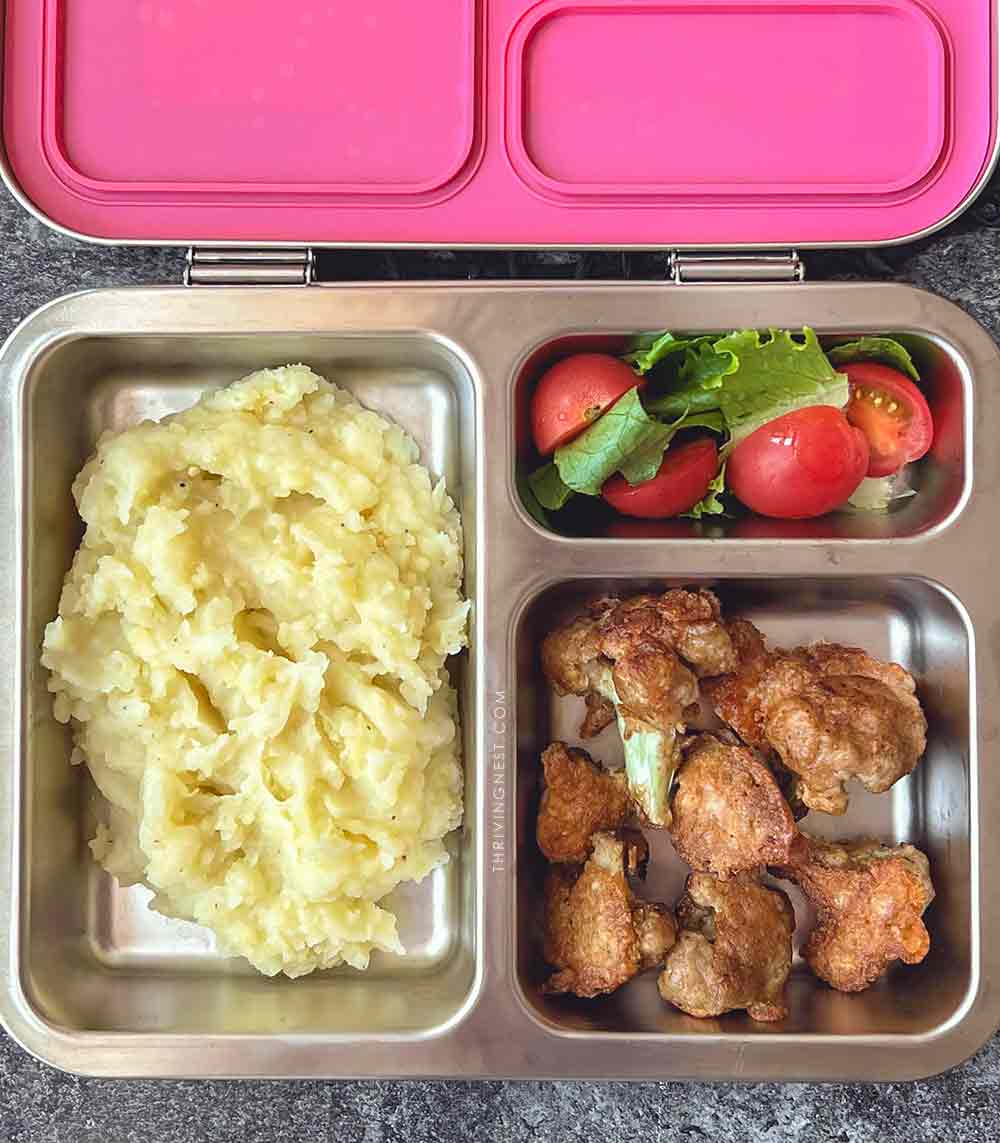 mashed potatoes fried cauliflower and salad lunchbox