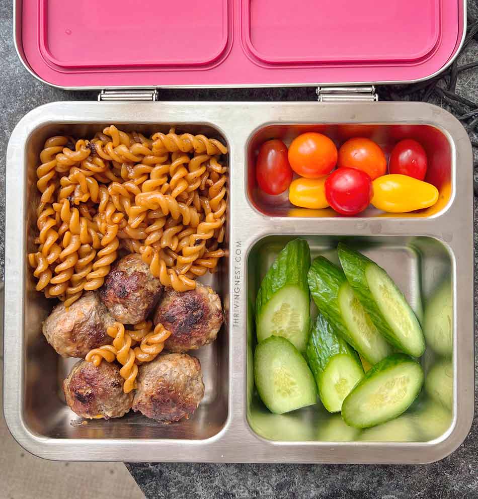 meatballs pasta veggies kids lunchbox idea