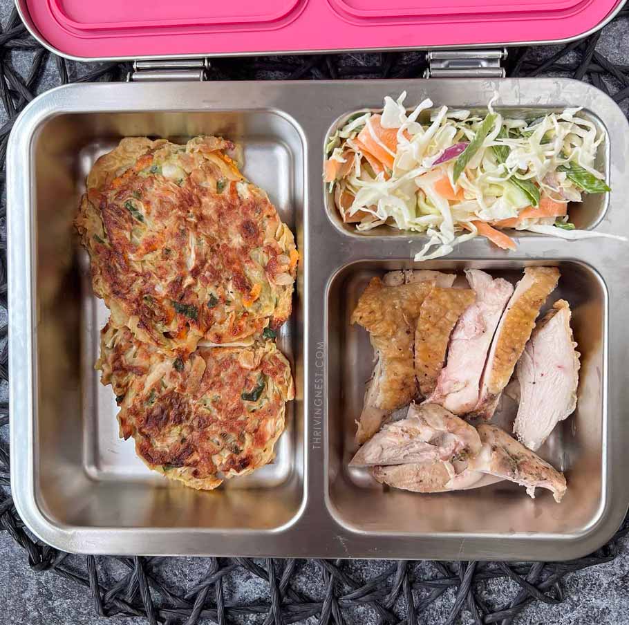 potato fritters coleslaw chicken healthy kids lunchbox idea