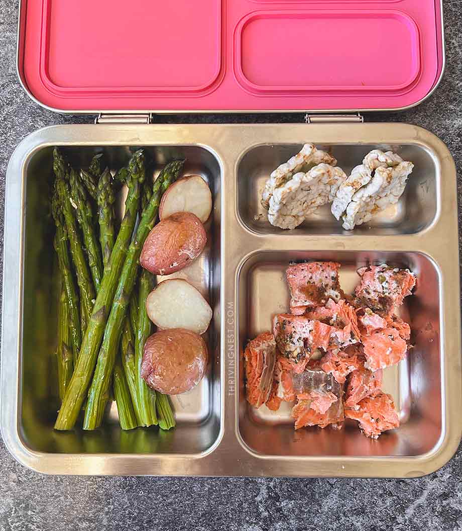 salmon asparagus rice cakes lunchbox kids