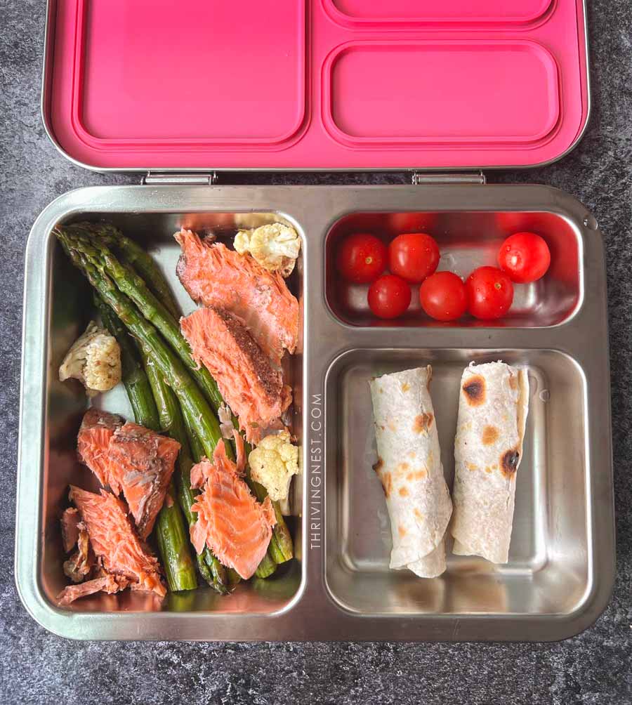 tortilla rolls salmon asparagus kids lunch box school