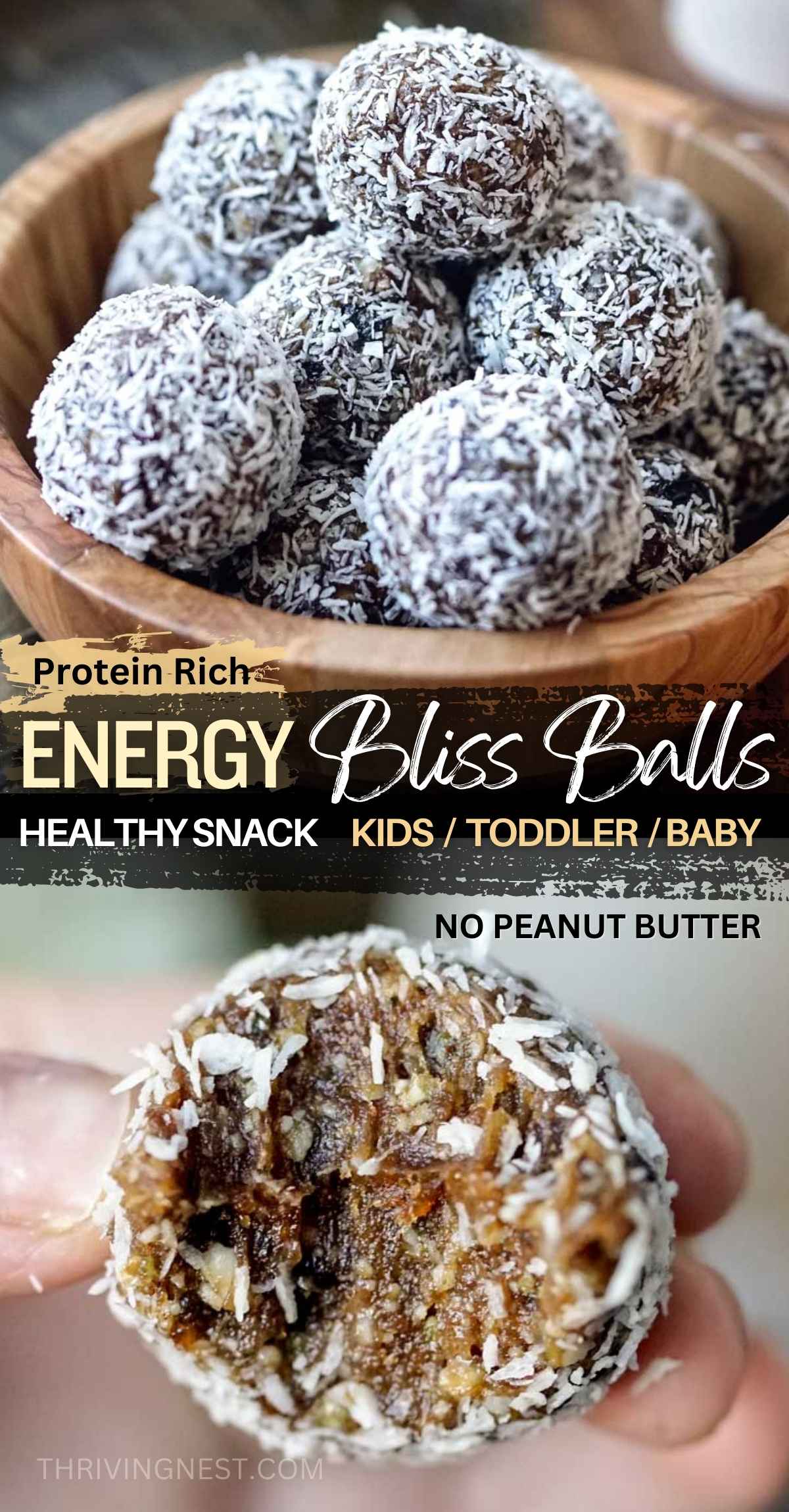 Energy Bliss Balls / Bites - a no-bake, easy recipe that's both healthy and packed with plant based protein. These delicious energy balls for kids are made with dates and other wholesome ingredients. Also without peanut butter, so they're safe for little ones with allergies. These bliss balls for kids are perfect for toddlers and even suitable for babies. A simple snack recipe that combines natural sweetness and nutrition, creating a bite that's not only tasty but also good for your child's health.