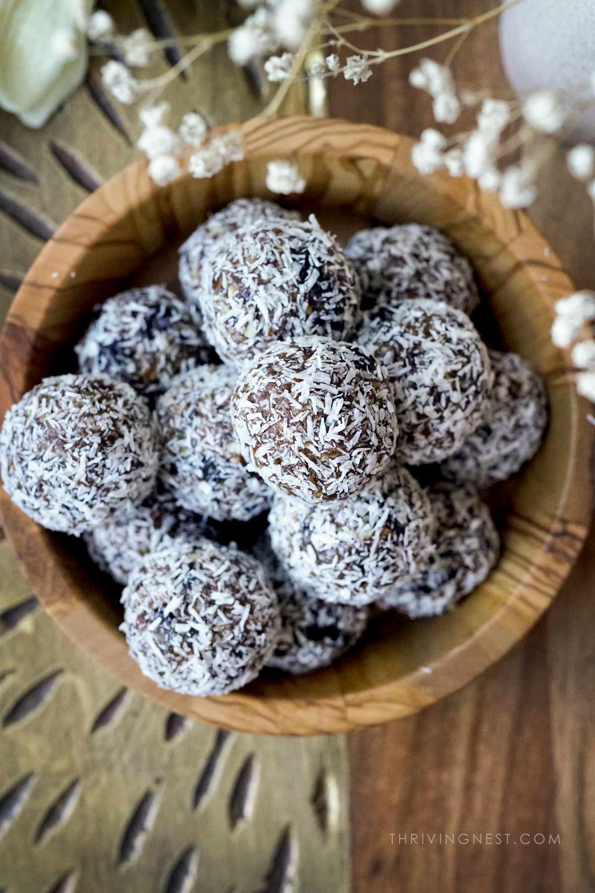 energy bliss bites as snack stacked in a bowl