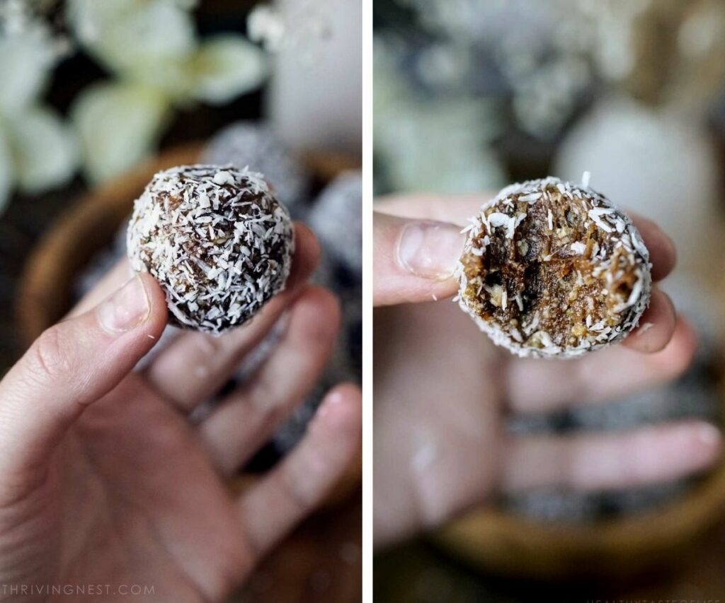 Holding a bitten bliss ball or energy ball for kids, in my hand to show texture inside.