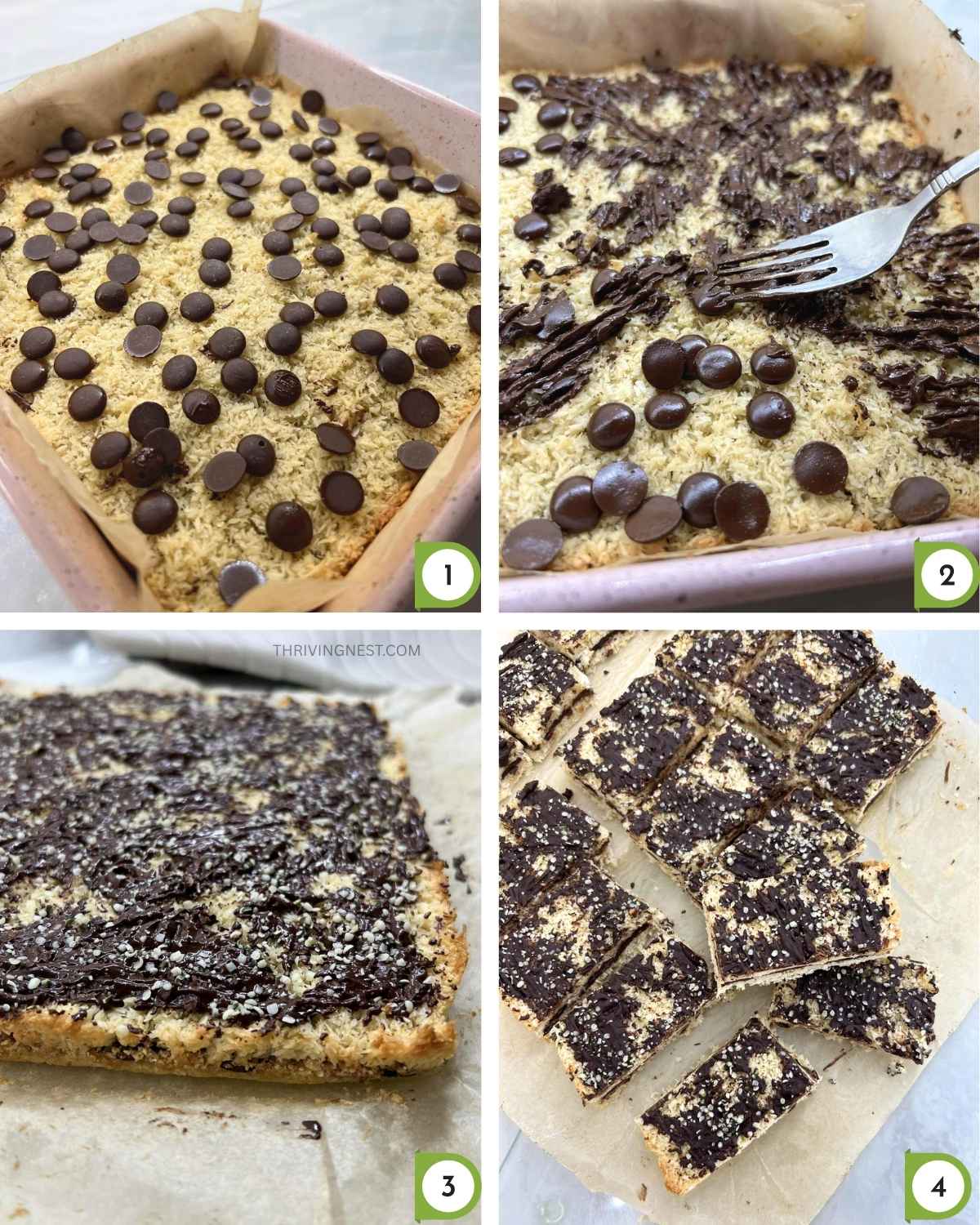 After baking showing golden edges. Step: how to spread chocolate on coconut bars and how to cut after cooling.