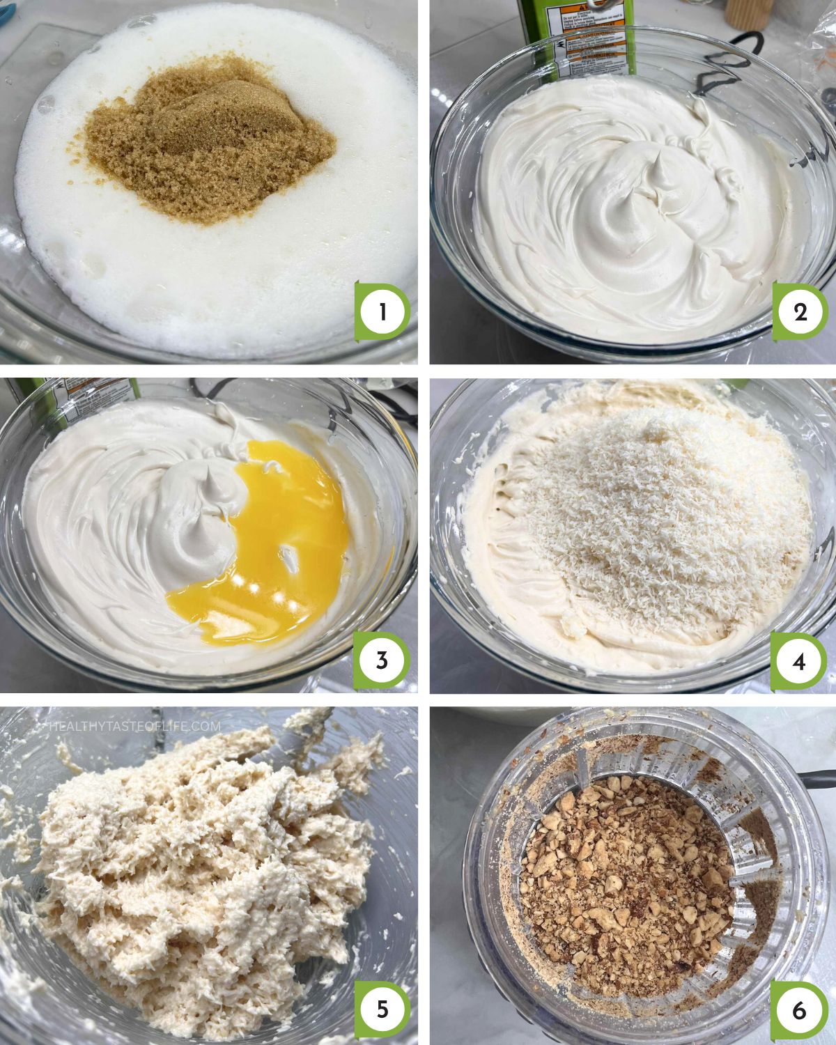 Step 1, beating eggs to a stiff peak and mixing the dough for the coconut chocolate bars, and grinding the almonds.