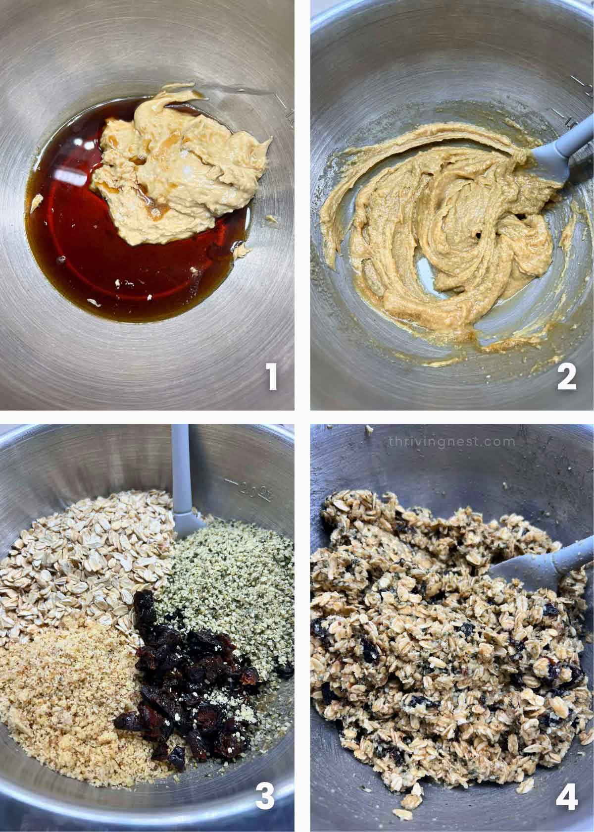 Process shots collage: Mixing wet Ingredients for no-bake oat snack bars - cashew butter maple syrup and vanilla with dry ingredients - oats, prunes, hemp seeds, walnuts into a bowl.