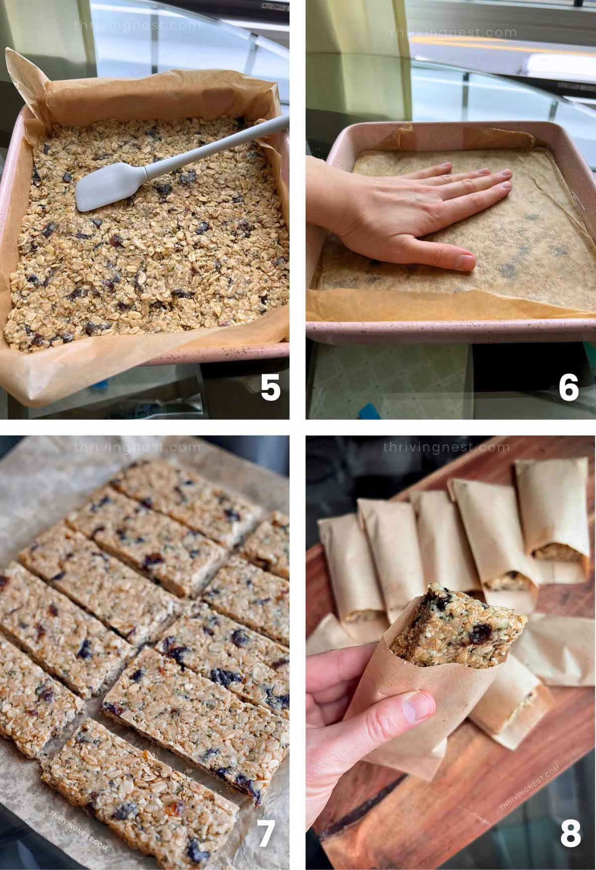 Process images collage showing: pressing no-bake oat bar mixture into baking dish with parchment paper. Then these healthy no bake oat bars are sliced into snack-size pieces and stored in individual mini paper bags.