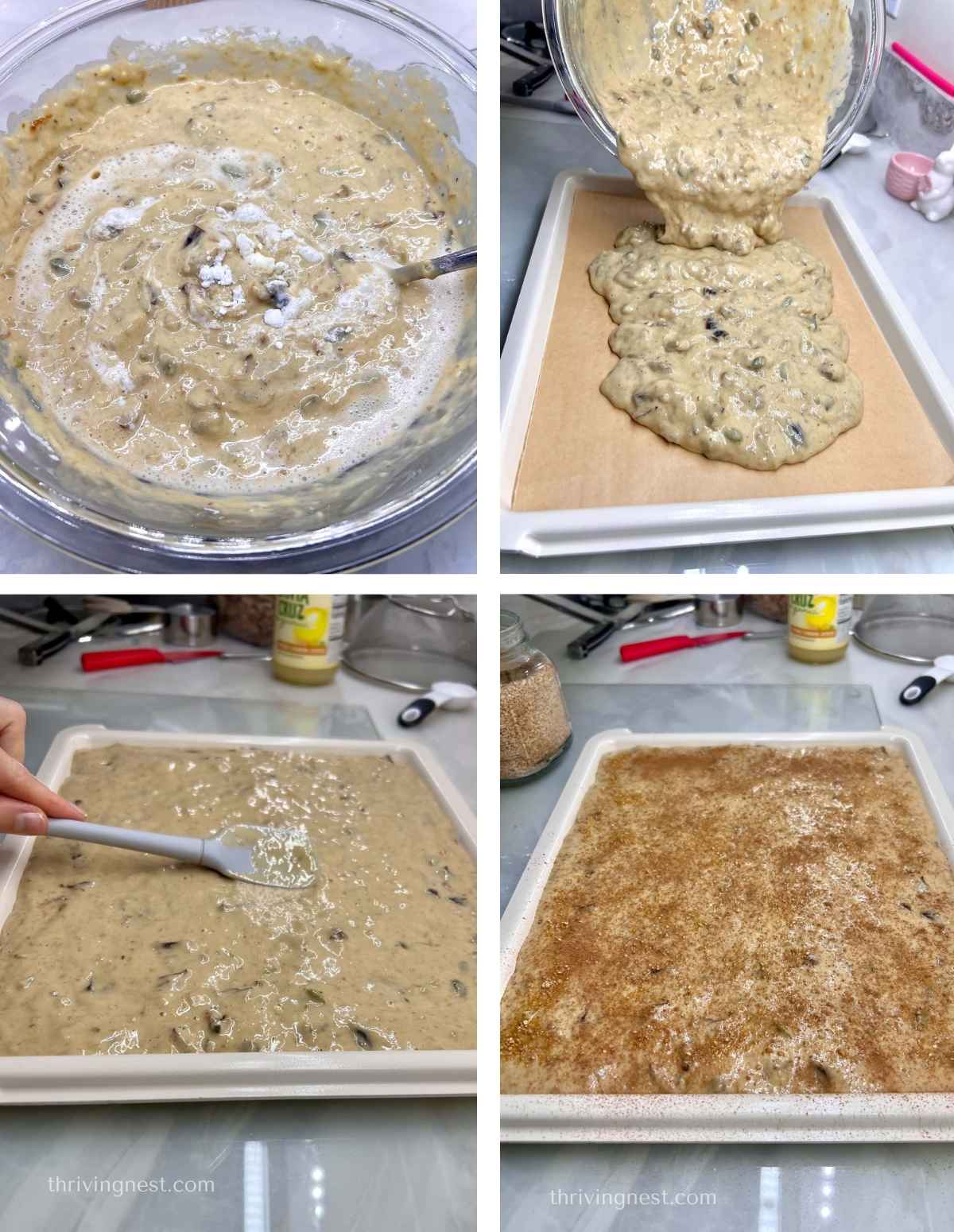 Adding the leavening to the pancake batter, before spreading into the sheet pan, leveling with a spatula and sprinkling with cinnamon sugar.