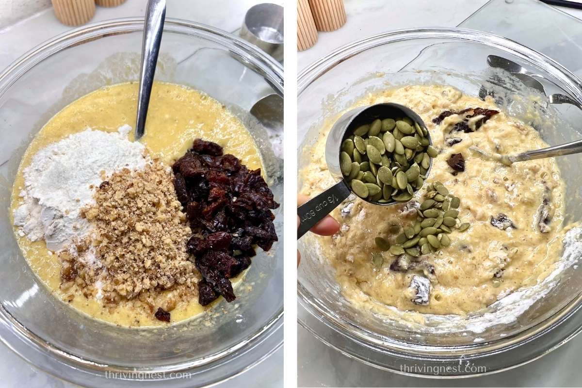 Adding dry ingredients to the bowl -  Flour being mixed into banana pancake batter before adding nuts, dried fruit and seeds.