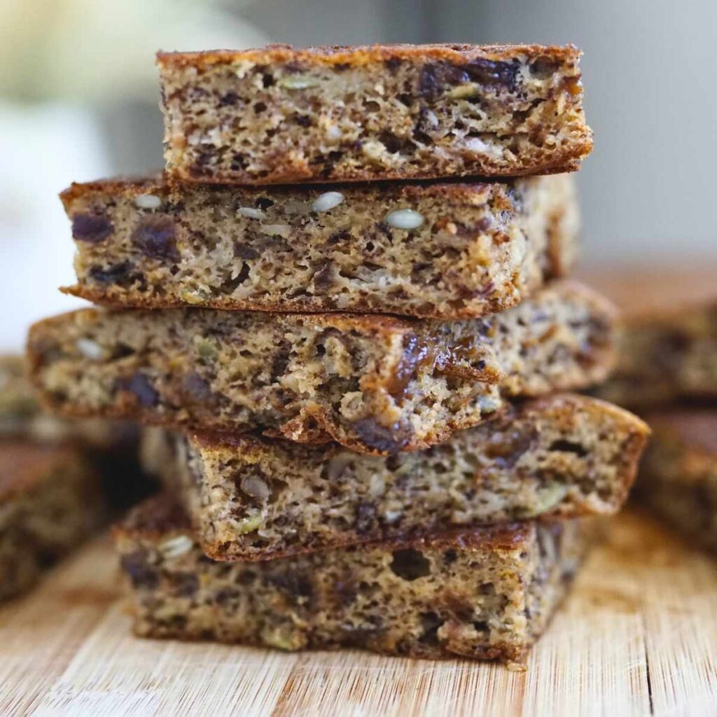Baked banana pancake squares stacked