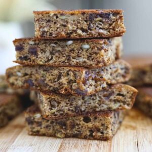 Baked banana pancake squares stacked