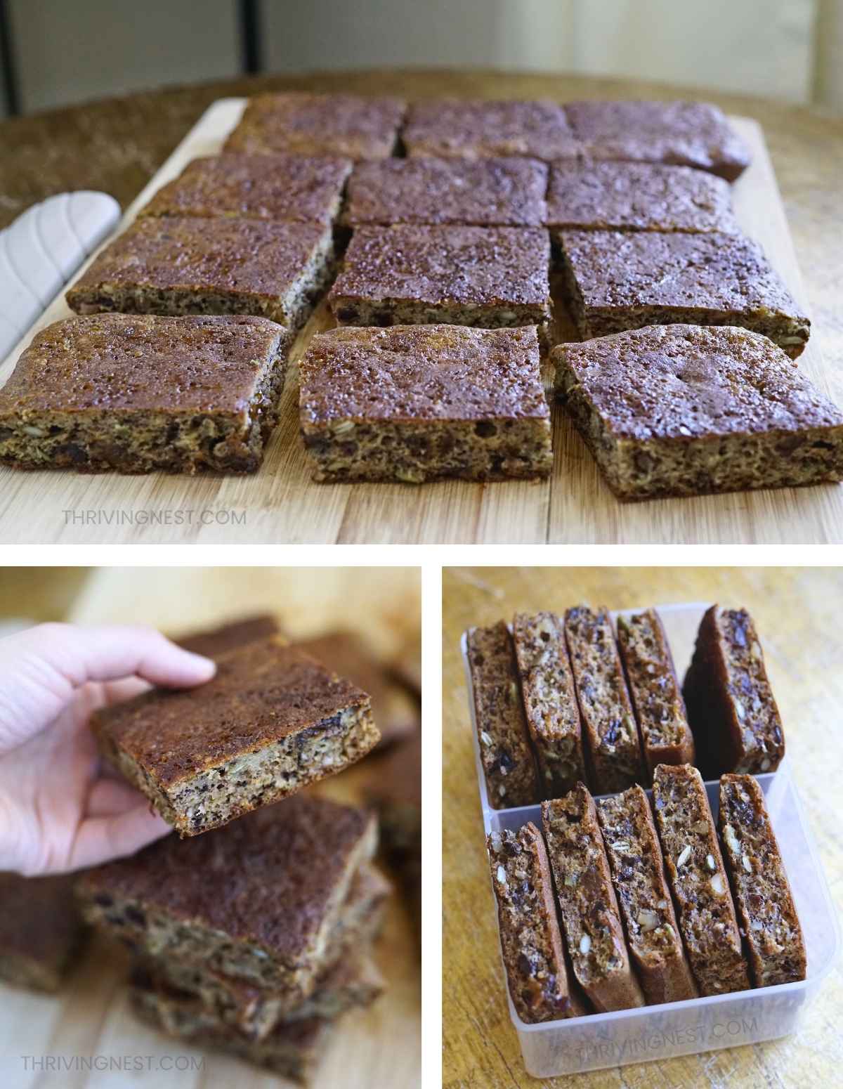 Freshly baked: Golden sheet pan banana pancakes baked in a rectangular tray with a lightly browned top, and cut after cooling, stored in a box for make ahead breakfast and snack -  collage.