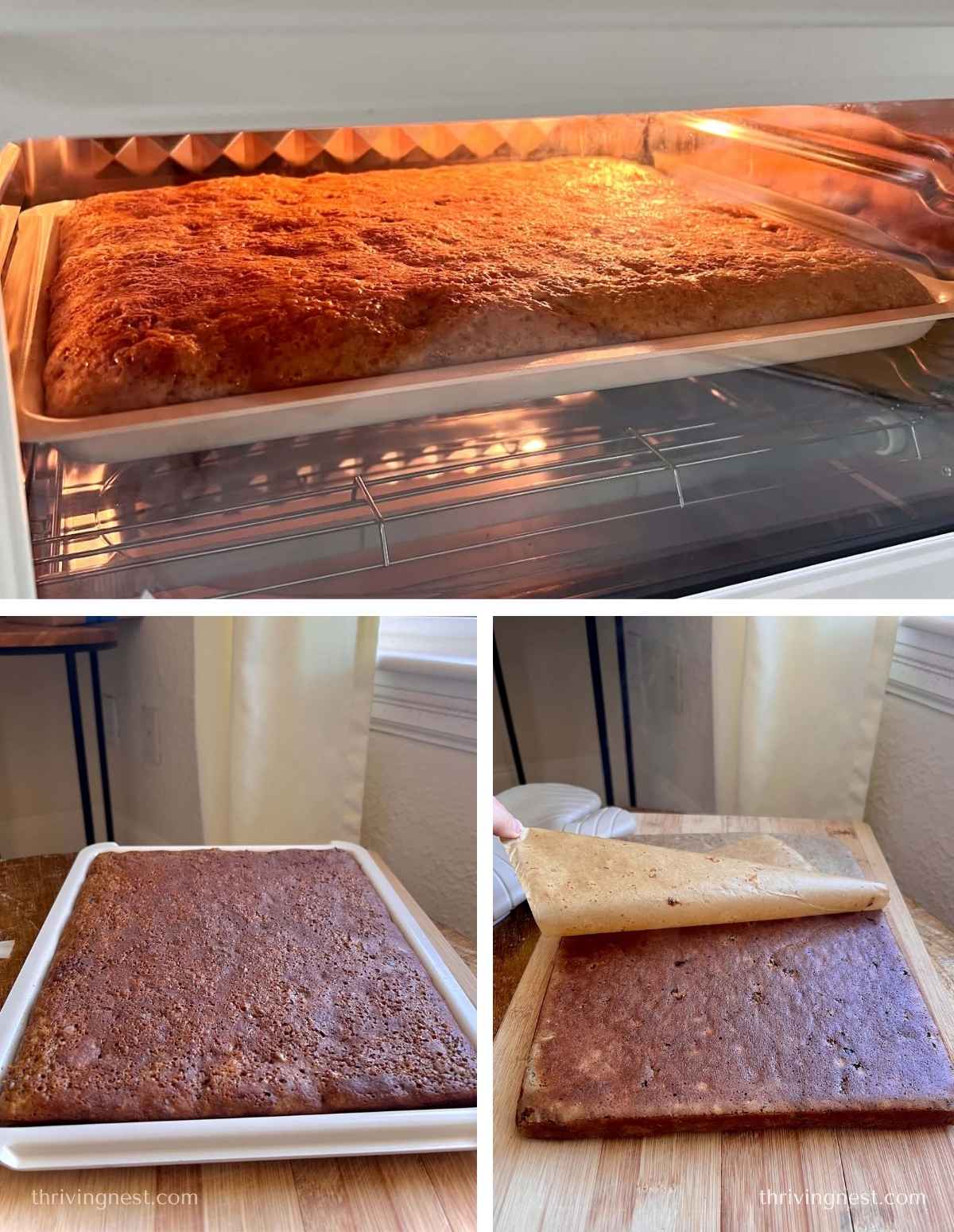 Baking the banana sheet pancake in the oven and showing the browning result after.