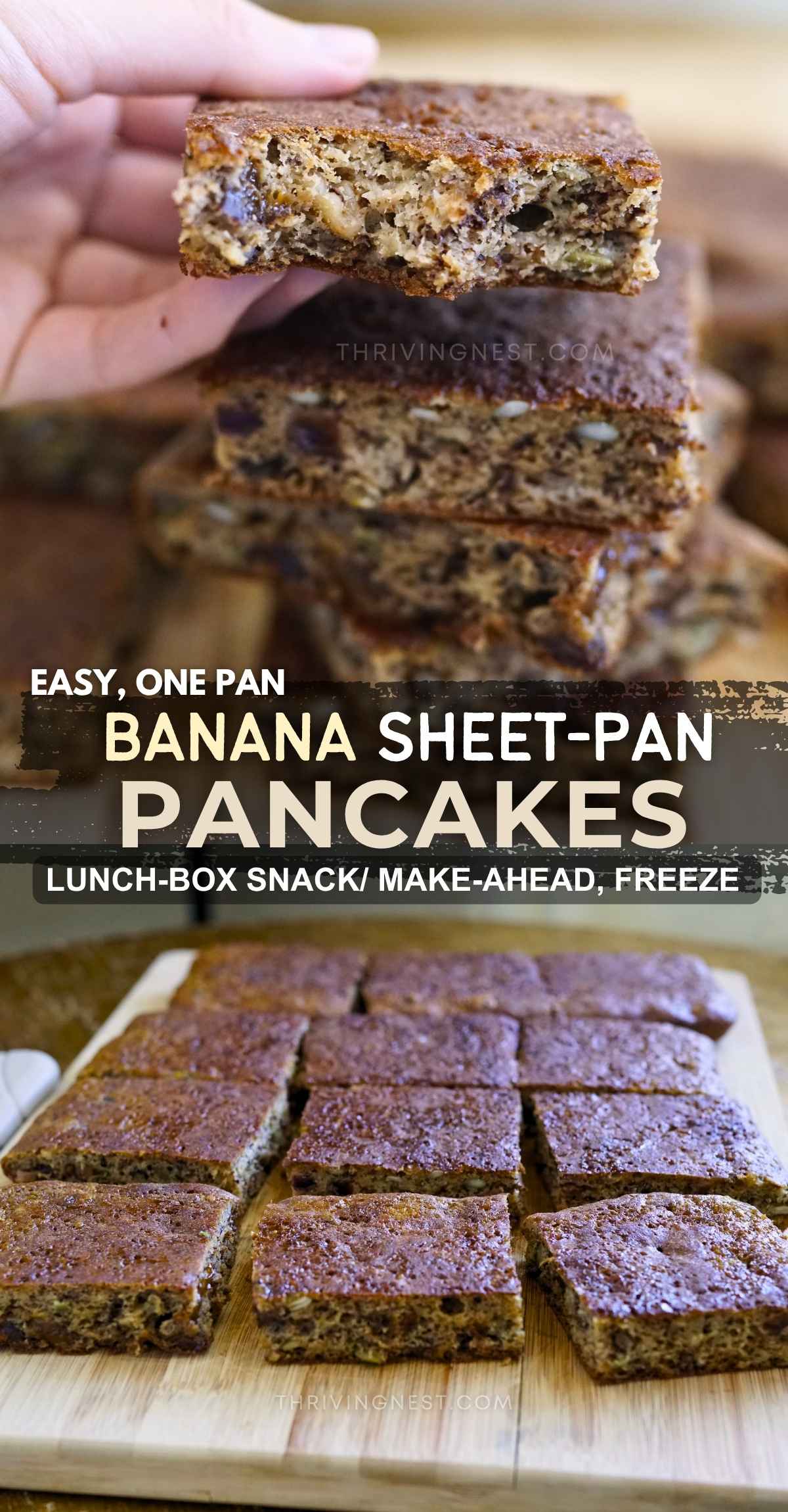 Make breakfast easier with these healthy banana sheet pan pancakes! Baked in the oven with ripe bananas, yogurt, walnuts, pumpkin seeds, and prunes, these soft, moist pancake squares are naturally sweet and require no flipping. Perfect for make-ahead breakfasts, freezer-friendly meal prep, after-school snacks, and kids' lunchboxes. Includes gluten-free and dairy-free options. A quick, wholesome breakfast idea for busy families!