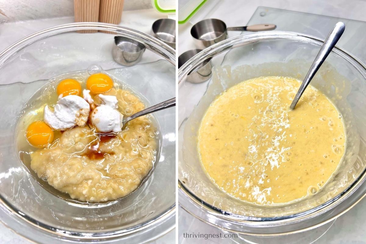 Mixing wet ingredients: Mashed ripe bananas with eggs, coconut yogurt, and vanilla in a bowl.